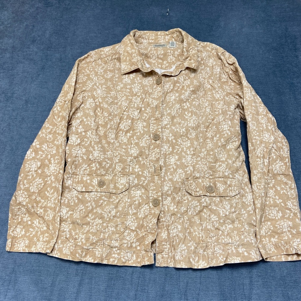 Classic Elements Shirt Womens XL (18) White Tan Floral Corduroy Casual Button Up